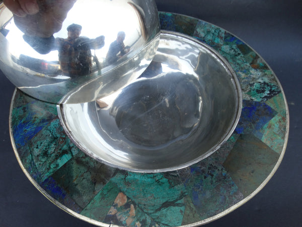 Los Castillo Silverplate and Inlaid Lapis and Malachite Covered Dish