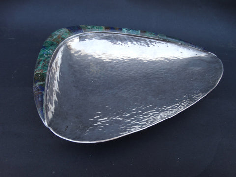 Los Castillo Hand-hammered Silver, Lapis and Malachite Shell Dish