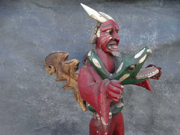 Winged Mexican Devil Wrapped in the Close Embrace of a Serpent Handcarved