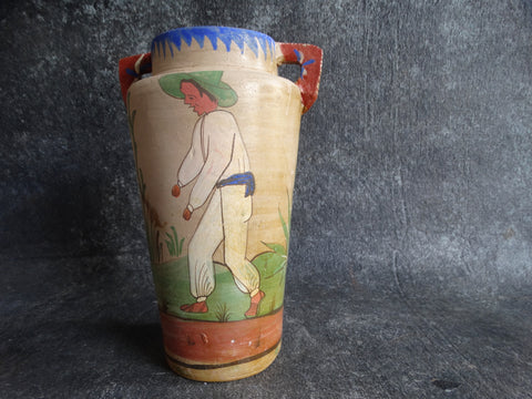 Tonala Mexican Pottery Handled Vase c 1940s Man & Agave M2675