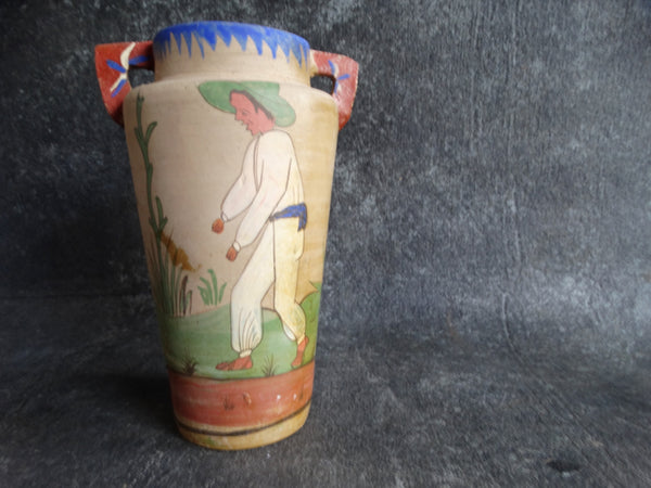 Tonala Mexican Pottery Handled Vase c 1940s Man & Agave M2675