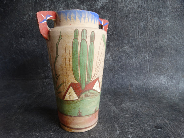 Tonala Mexican Pottery Handled Vase c 1940s Man & Agave M2675