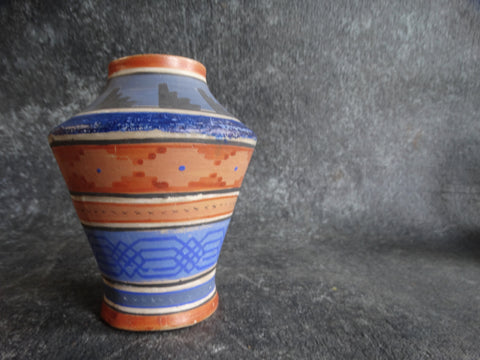 Mexican Pottery Vase in Pale Brick and Bright Blue Aztec Motifs M2682