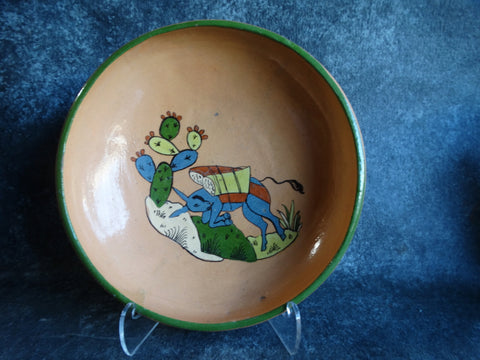 Tlaquepaque Tan w Green Trim Bucking Burro Low Bowl 1940s M2695