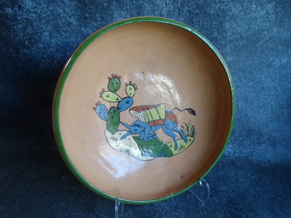 Tlaquepaque Tan w Green Trim Bucking Burro Low Bowl 1940s M2695