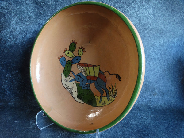 Tlaquepaque Tan w Green Trim Bucking Burro Low Bowl 1940s M2695