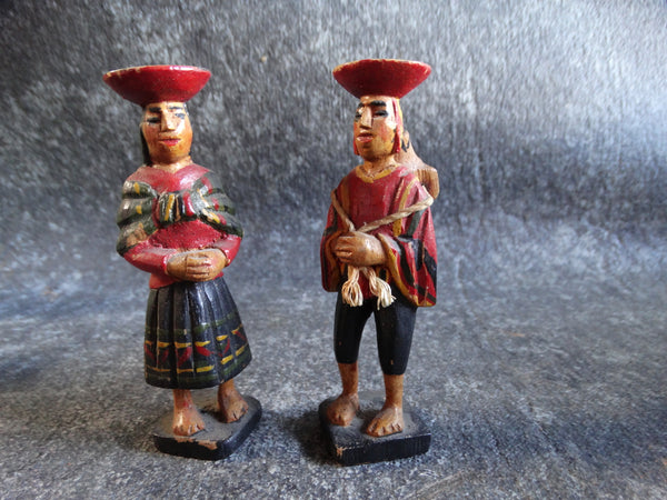 Peruvian Hand-carved Wooden Figures- Peasant Couple M2721