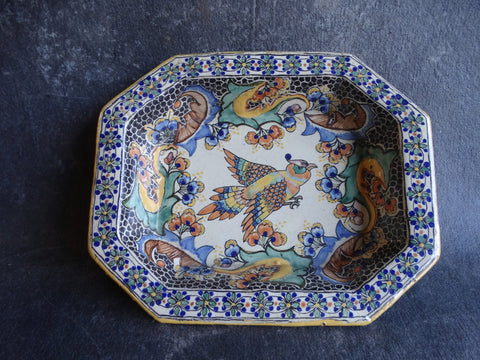 Talavera Hand-Painted Oblong Octagonal Bowl w Parrot - M2742