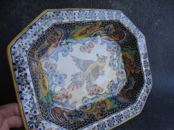 Talavera Hand-Painted Oblong Octagonal Bowl w Parrot - M2742