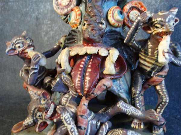 Mexican Ochumichu Pottery Tableau of Black Devils Having a Party c 1940 M2758