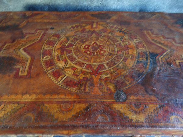 Mexican 1930s Leather Covered Furniture Aztec Design Entry Table M2760
