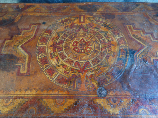 Mexican 1930s Leather Covered Furniture Aztec Design Entry Table M2760