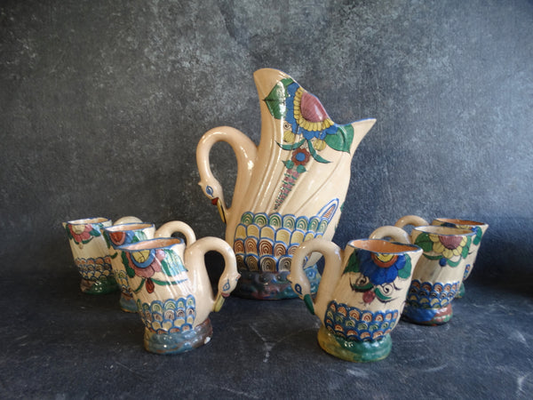 Mexican Tlaquepaque Swan Pitcher and 6 Drinking Jugs Beverage Set circa 1930s M2765