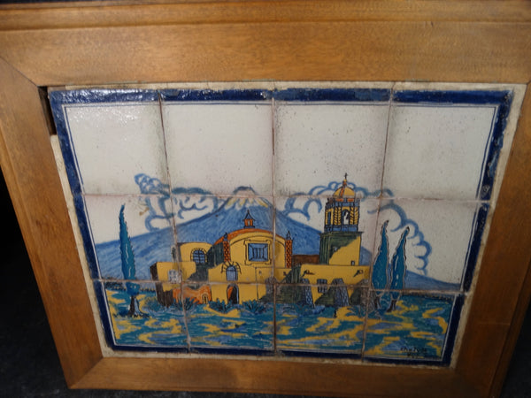 Mexican 12 Tile Talavera Cholula Plaque in Wooden Surround M2774