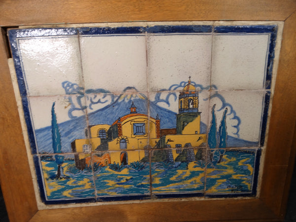 Mexican 12 Tile Talavera Cholula Plaque in Wooden Surround M2774