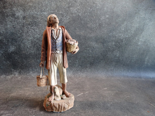 Tlaquepaque Clay Figure c 1940:  Fisherman at the Nativity M2792