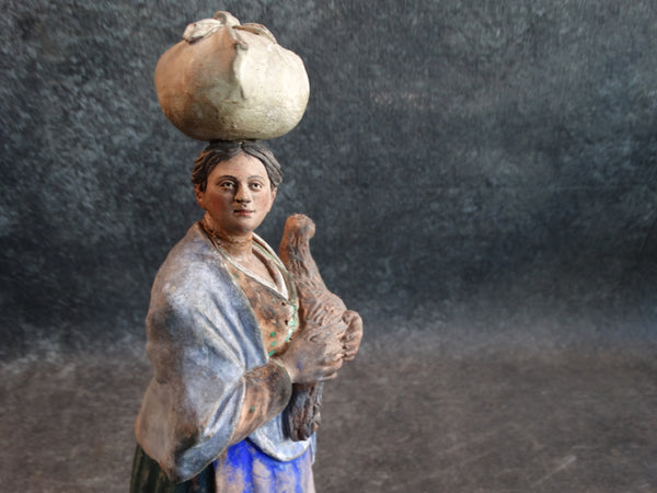 Tlaquepaque Clay Figure c 1940:  Woman with Chicken M2793