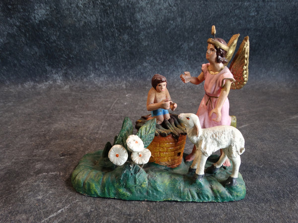Tlaquepaque Clay Figure c 1940:  Angel with Lamb and Kneeling Child M2796
