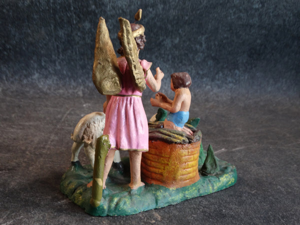 Tlaquepaque Clay Figure c 1940:  Angel with Lamb and Kneeling Child M2796