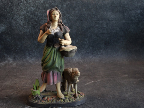 Tlaquepaque Clay Figure 1930s:  Young Woman with Lamb and Basket M2798