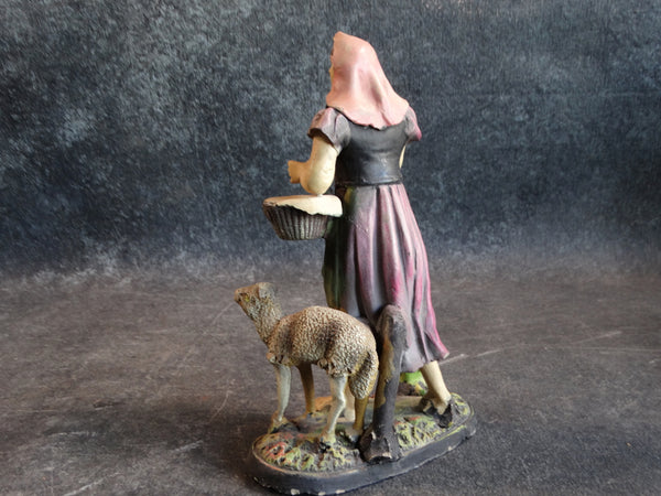 Tlaquepaque Clay Figure 1930s:  Young Woman with Lamb and Basket M2798