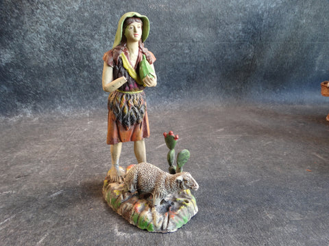 Tlaquepaque Clay Figure c 1930s:  Young John the Baptist Gourd Around his Neck with Lamb of God and Cactus  M2799