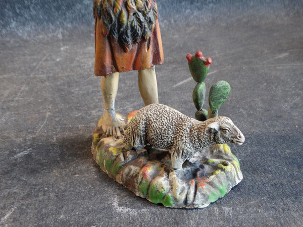 Tlaquepaque Clay Figure c 1930s:  Young John the Baptist Gourd Around his Neck with Lamb of God and Cactus  M2799