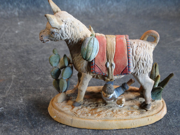 Tlaquepaque Clay Figure c 1930s:  Boy Trying to Saddle a Very Naughty Donkey M2804