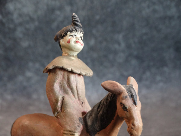 Tlaquepaque Clay Figure c 1930s:  Clown on a Donkey M2805