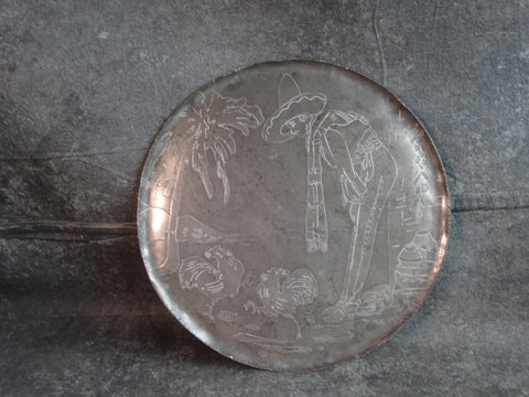 Mexican Etched Metal Plate Man with Two Fighting Cocks M2896