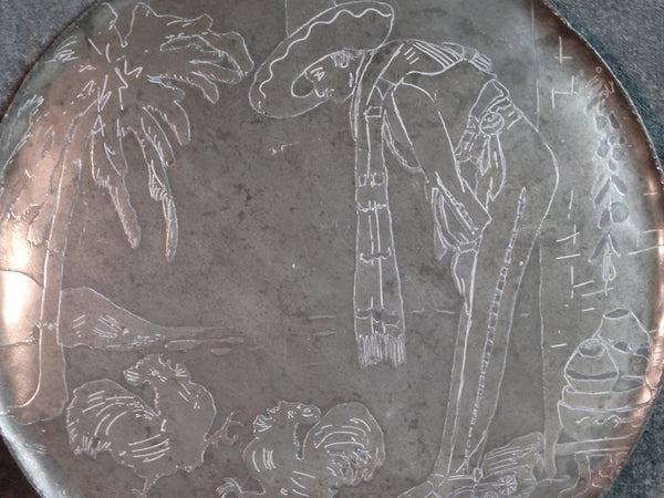 Mexican Etched Metal Plate Man with Two Fighting Cocks M2896