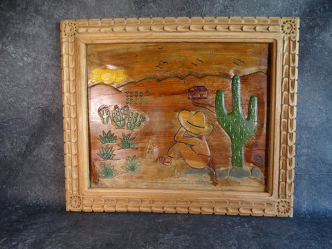 Hand Carved Relief of Desert Scene in the Mexican Style  M2912