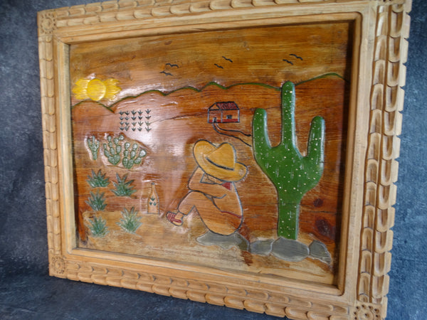 Hand Carved Relief of Desert Scene in the Mexican Style  M2912