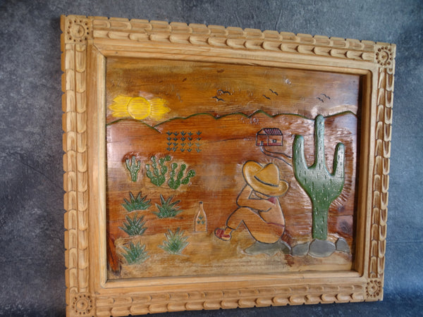 Hand Carved Relief of Desert Scene in the Mexican Style  M2912