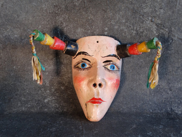 Mexican Festival Female Mask with Horn-Like Pig Tails c 1940s M2920