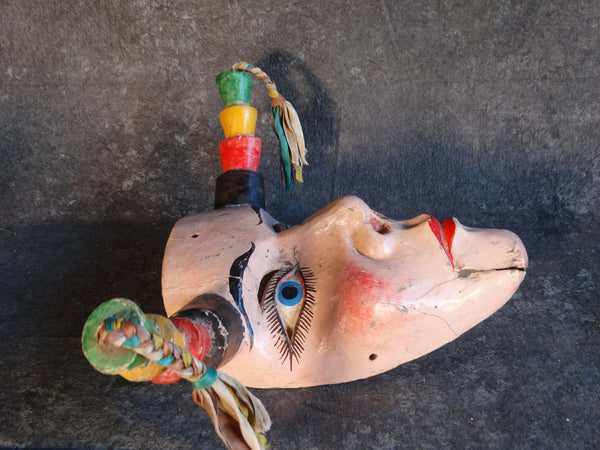 Mexican Festival Female Mask with Horn-Like Pig Tails c 1940s M2920