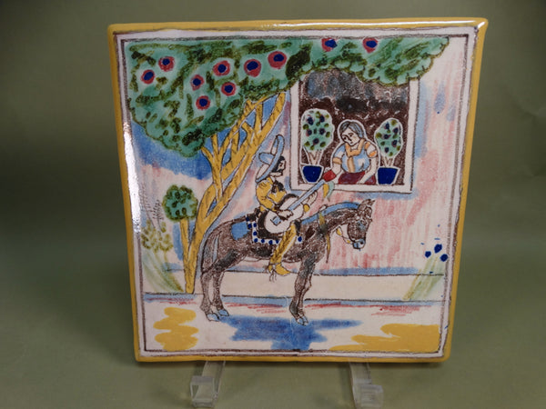 Uriarte Mexican Tile -  Señorita Serenaded by a Man on Horseback outside her Window M2937