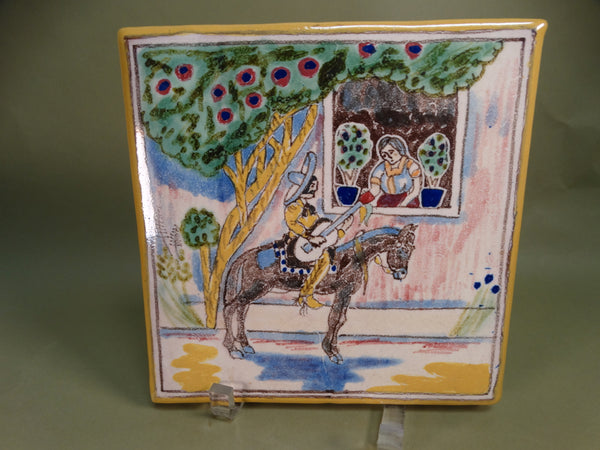 Uriarte Mexican Tile -  Señorita Serenaded by a Man on Horseback outside her Window M2937
