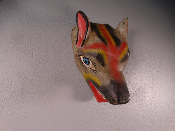 Mexican Folk Art Mask -Red & Yellow Coyote with Blue Eyes 1960s M2947