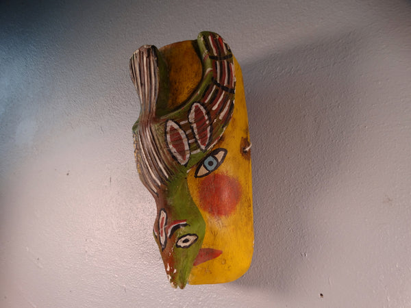 Mexican Folk Art Mask - Multicolored Bird on a Yellow Human Face 1960s M2948