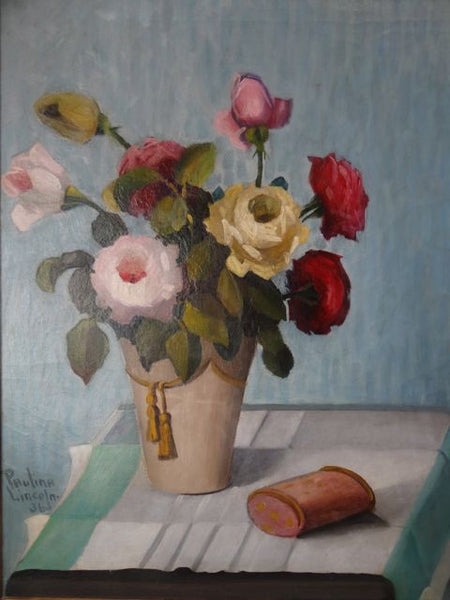 Paulina Lincoln “Roses in Vase” 1930s Oil on Canvas P782