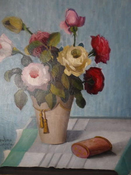 Paulina Lincoln “Roses in Vase” 1930s Oil on Canvas P782