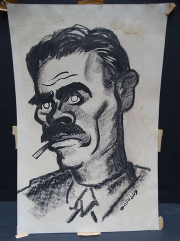 Charles Putnam Safford Mustachioed Leftist Charcoal and Ink on Paper