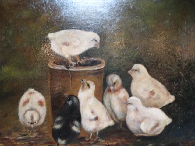 19th Century Baby Chicks in Barnyard Oil on Board P1250