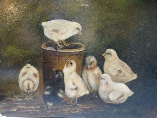 19th Century Baby Chicks in Barnyard Oil on Board P1250
