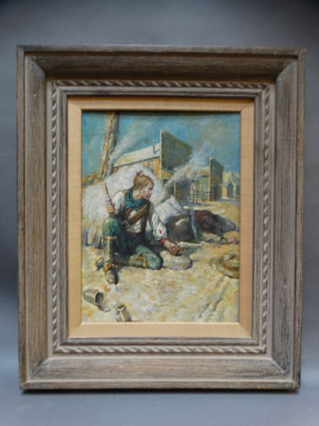 “Hotel Savoy” Gunfight, oil on board