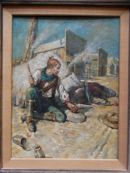 “Hotel Savoy” Gunfight, oil on board