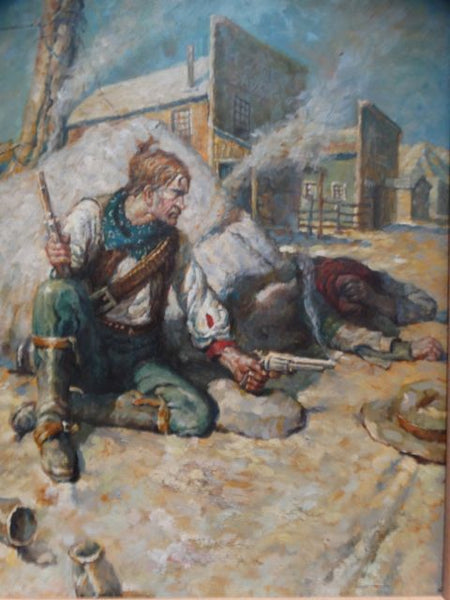 “Hotel Savoy” Gunfight, oil on board
