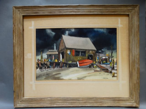Jake Lee Original Watercolor Boatyard at a Railroad Crossing