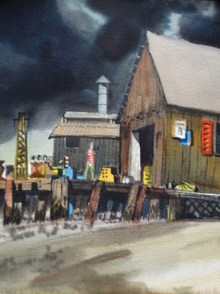 Jake Lee Original Watercolor Boatyard at a Railroad Crossing